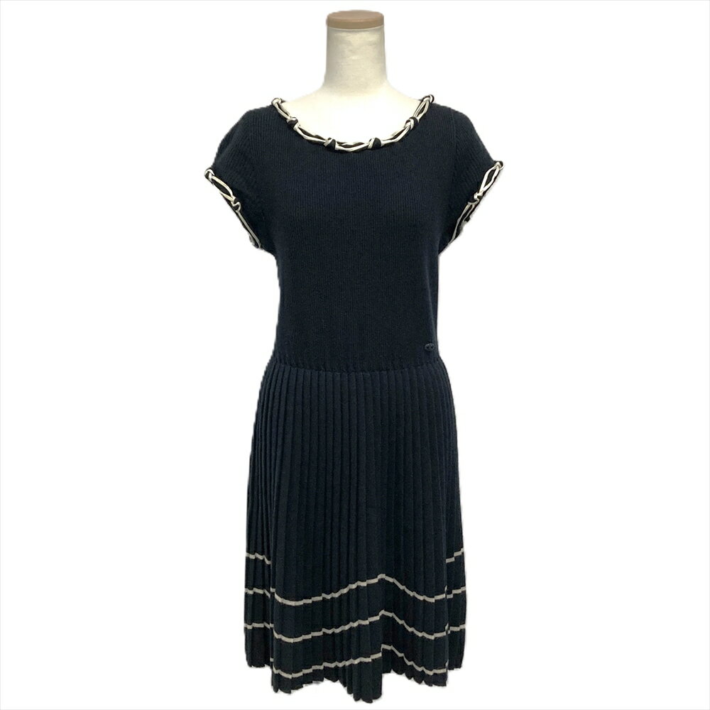 シャネル CHANEL リブニット ワンピース ウール P31449K00492 ブラック 42 07A ココマーク 半袖 プリーツ レディース【中古】