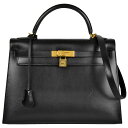 エルメス HERMES ケリー 32 ハンドバッグ ボックスカーフ □F(2002年頃)刻印 ブラック ゴールド金具 外縫い レディース【中古】