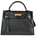 エルメス HERMES ケリー 32 ハンドバッグ オーストリッチ ○Y刻印 ブラック ゴールド金具 外縫い【中古】