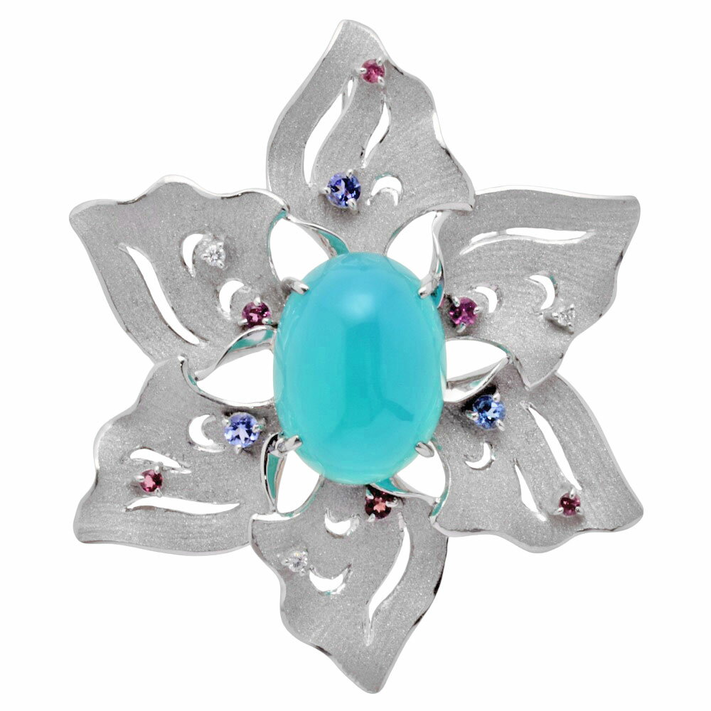 田村俊一 Shun ブローチ ブルーカルセドニー 18.56ct K18WG 23.5g ホワイトゴールド ダイヤモンド タンザナイト ピンクトルマリン【中古】