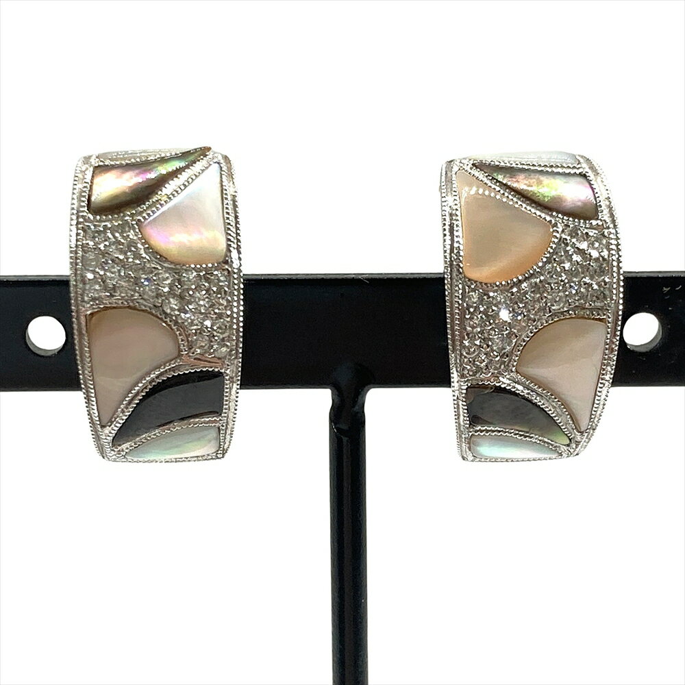 デザイン フープ イヤリング ダイヤモンド 0.02ct K18WG 8.1g MOP ホワイトゴールド ピアス 両用 2WAY ..