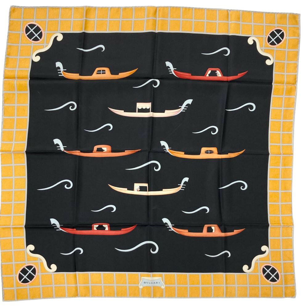 ブルガリ BVLGARI Davide Pizzigoni 小船柄 ボート スカーフ シルク ブラック オレンジ レディース【中..