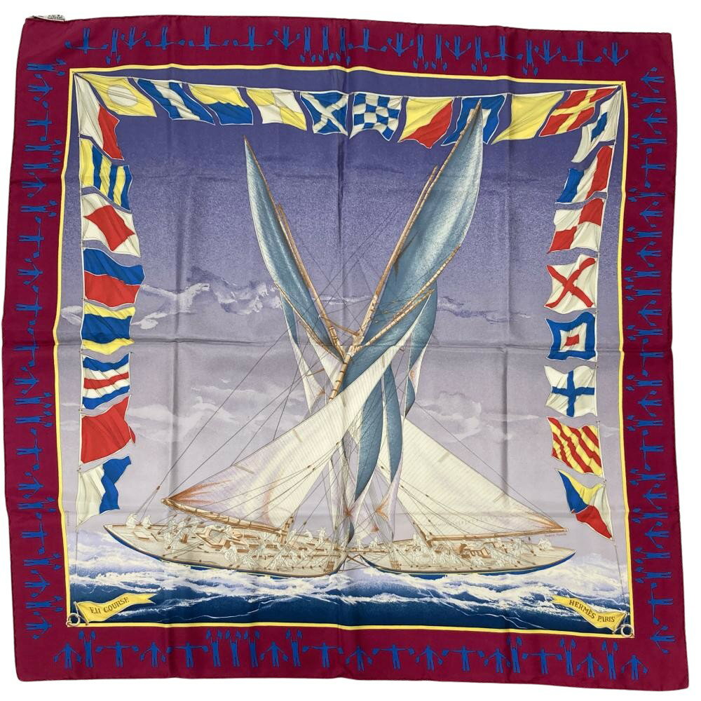 エルメス HERMES カレ90 EN COURSE ヨット スカーフ シルク ボルドー レディース【中古】