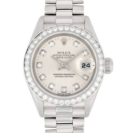 ロレックス ROLEX デイトジャスト ダイヤベゼル 79136G Pt950 A番 レディース 時計 自動巻き シルバー文字盤【中古】