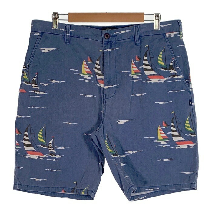 STUSSY ステューシー ウォッシュ加工 ヨット総柄 コットン ショートパンツ ブルー Size 34【中古】 rf