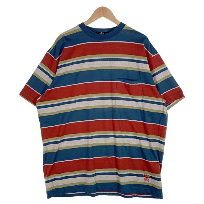 80's STUSSY ステューシー マルチボーダー ポケットTシャツ 裾クラウンロゴ刺繡 ブルー USA製 黒タグ Size XL【中古】 rf