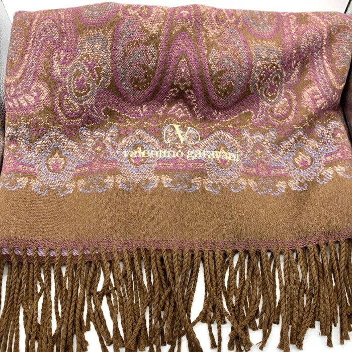 valentino garavani ヴァレンティノガラヴァーニ 大判マフラー ジャカード フリンジ ブラウン【中古】 rf
