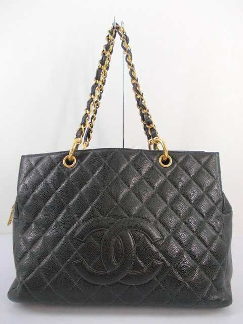 ★ CHANEL シャネル ココ キャビアスキン ショルダーバッグ トートバッグ チェーン レザー ブラック 黒 ゴールド 中古 ya
