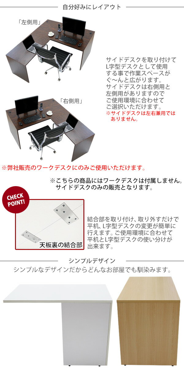 訳あり 送料無料 選べる4カラー＆右用左用 サイドデスク ワークデスク専用 L字型 約W60×D100×H73.5 L字デスク L型 L字用 連結天板 連結 オフィスデスク パソコンデスク PCデスク 約W600×D1000×H735 オフィス家具 木製 コーナーデスク 会社 事務所 机 事務机 f160100wake 3