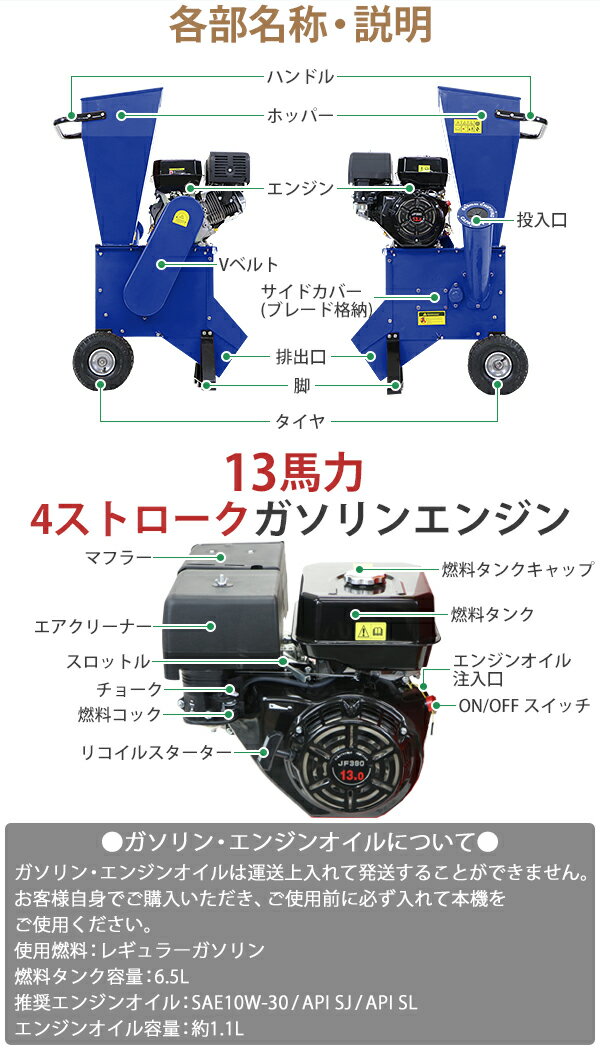 送料無料 粉砕機 ウッドチッパー ガーデンシュレッダー エンジン式 最大粉砕径約89mm 13馬力 13HP ブルー 強力 パワフル ガーデンチッパー チッパーシュレッダー チッパー 粉砕器 家庭用 業務用 ガーデニング 農業 造園 植木 粉砕 木材 枝 葉っぱ 青 chipperte0413bl 3