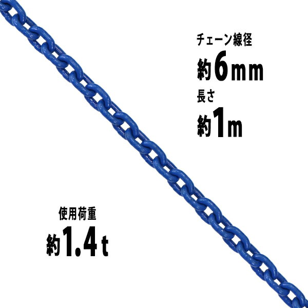 送料無料 チェーン 線径約6mm 使用荷重約1.4t 約1400kg 約1m G100 ハイグレードモデル 鎖 くさり 吊り具 チェーンスリング スリングチェーン リンクチェーン チェイン 金具 クレーン ホイスト 玉掛け 吊り上げ 運搬 建築 土木 鉄工 運輸 造船 青 g100bchain6mm1m