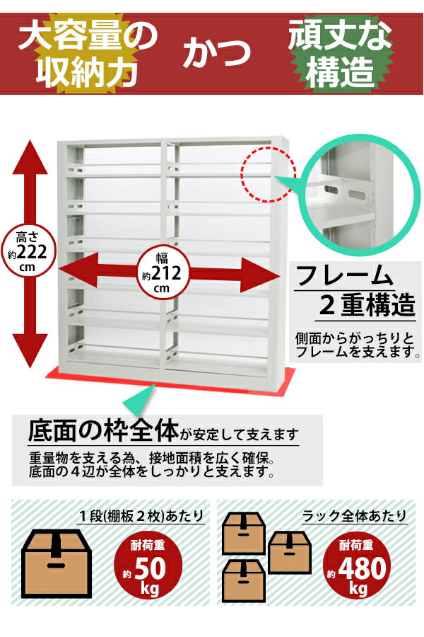 送料無料 新品 白 ホワイト スチール製 両面オープン書庫 W212×D45×H222 重量ラッ...