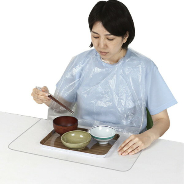 食べこぼしをしっかりキャッチ! 深くて立体的なポケット・ランチョンマット付使い切りタイプで片付け簡単!清潔・らくらく!着脱簡単! かぶるだけ、防水性に優れた ポリエチレン製 寸法(mm) 730×650着丈：710×550 ランチョンマット...