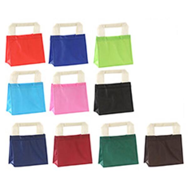 【商品番号】 6892-6904 【本体サイズ】 230×115×190mm 【パッケージサイズ】 240×200×25mm 【個装形態】 ポリ袋入 【色・柄】 レッド・ブルー・オレンジ・ライトグリーン・スカイブルー・ピンク・イエロー・エメラルドグリーン・ネイビー・ワイン・グリーン・ブラウン・ブラック（色指定可） 【材質】 不織布・アルミ蒸着フィルム 【入数】 120 【名入】 可　【名入れサイズ：100×150mm・印刷：シルク印刷】 【商品説明】 アルミ蒸着フィルムと面ファスナーで保温にも保冷にも両方使えるランチバッグ　