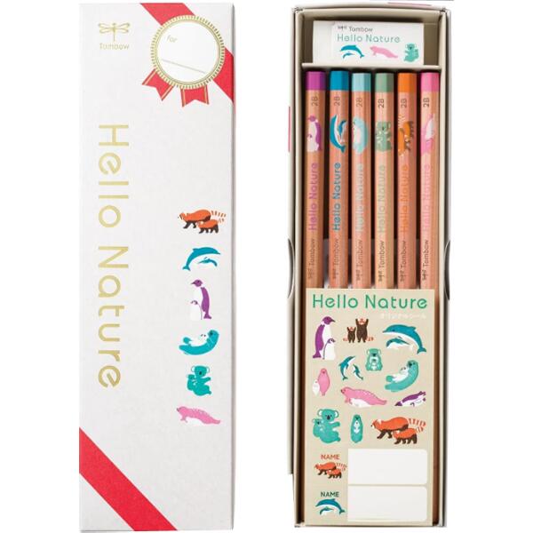 トンボ ハローネイチャー ギフト用えんぴつセット (MP-KHN2-2B) 12個セット販売 入学や進級のお祝いやプレゼントにおすすめ ワンポイントの動物柄がか...