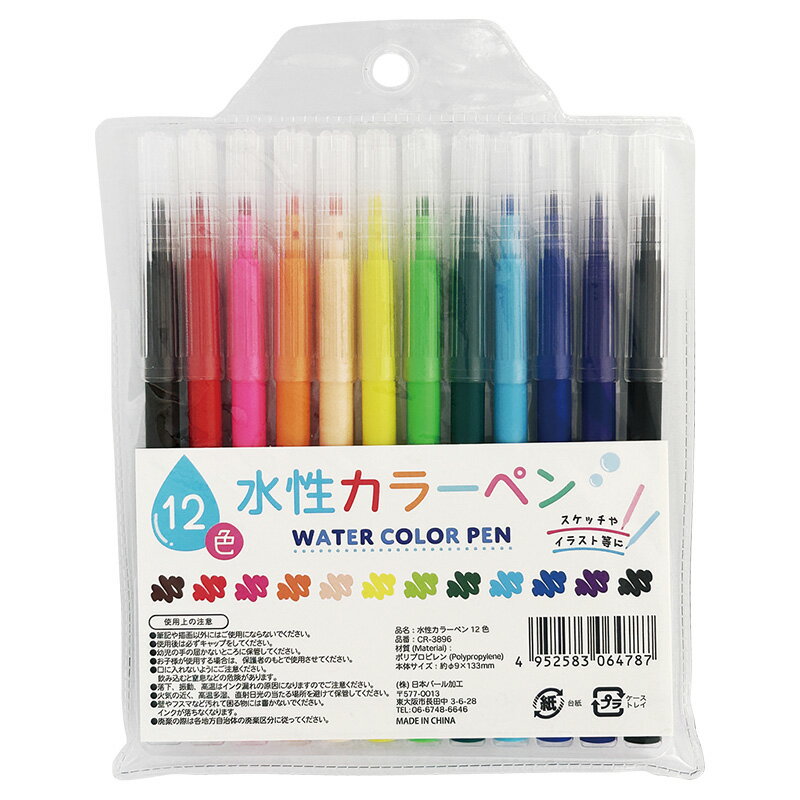 水性カラーペン12色　絵付け・おえかきイベントで大人気　スケッチ・おえかきに便利　図工・工作・ワークショップ用配布用にも最適　安価筆記用品