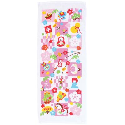 お正月景品 干支タオル1枚（格子）200枚セット販売 2026年の干支のプリントタオル 招福開運 馬 午年 縁起物 新年のご挨拶品 販促品・ノベルティ・景品・粗品