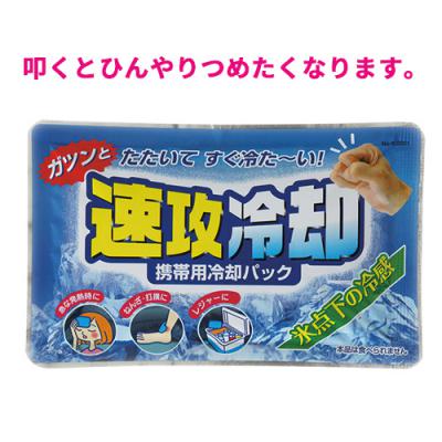 強く叩くだけで冷え冷えに！ 夏のアウトドアなどいろんなシーンで大活躍のアイスパックです 備考：インナー単位での注文をお願いします。 材質 硝水・水 本体サイズ 約11x17.3x2cm　