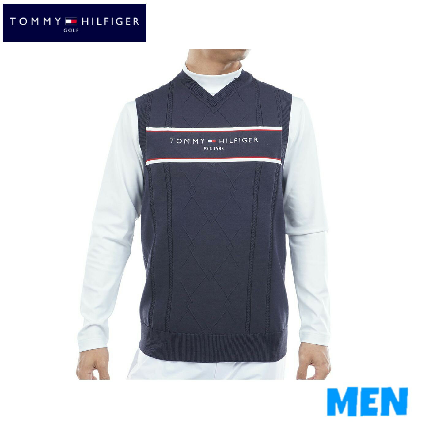 ▼▲▼▲▼ポイント10倍！▼▲▼▲▼ 2025/11/3 21:00~TOMMY HILFIGER GOLF トミーヒルフィガー ゴルフTHMA560MEN メンズケーブル浅Vネック ニット ベスト