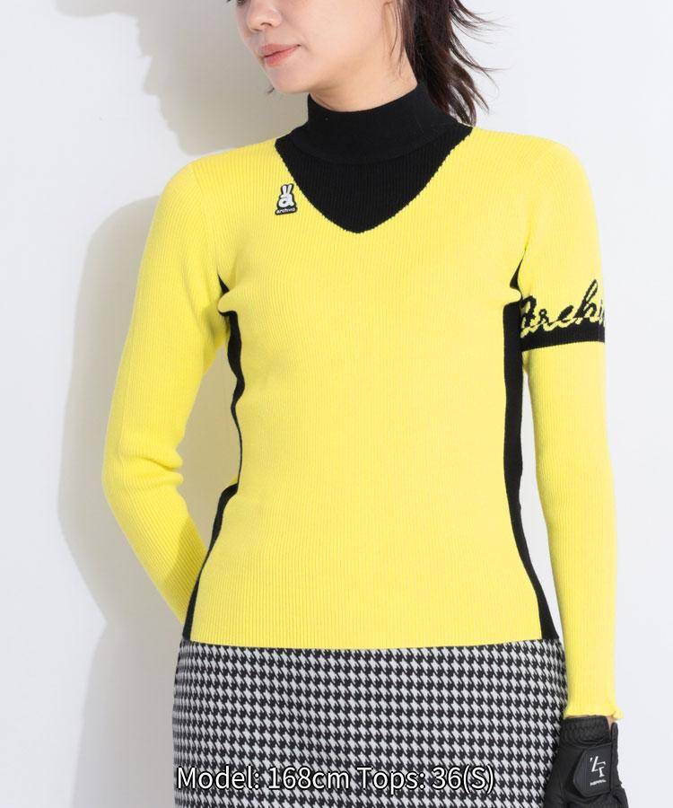 アルチビオ スリーブロゴVライン切替モックネックリブニット ゴルフウェア レディース 秋冬 ゴルフ女子 CURUCURU