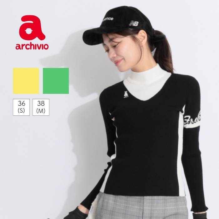 アルチビオ スリーブロゴVライン切替モックネックリブニット ゴルフウェア レディース 秋冬 ゴルフ女子 CURUCURU
