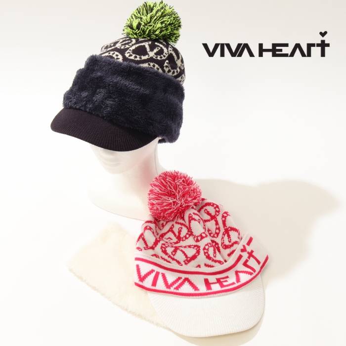 ビバハート ハート柄ポンポン付き2WAYニットキャップ ゴルフウェア レディース 秋冬 ゴルフ女子 CURUCURU