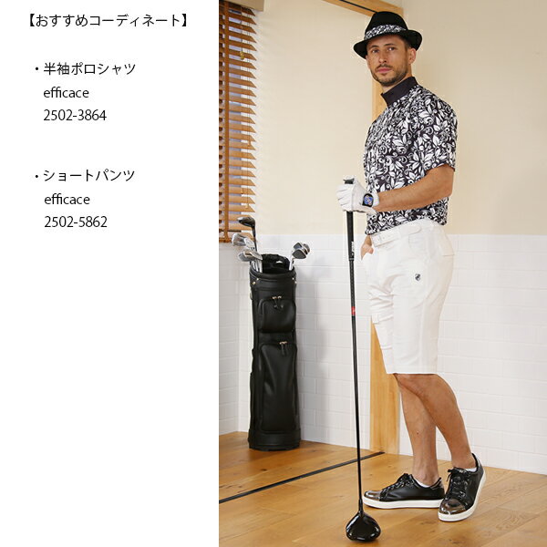 【ネコポス対象】ゴルフウェア ゴルフシャツ 半袖シャツ リーフ柄モックネックシャツ エフィカス 2502-3864 メンズ 大きいサイズ有 L-3L efficace