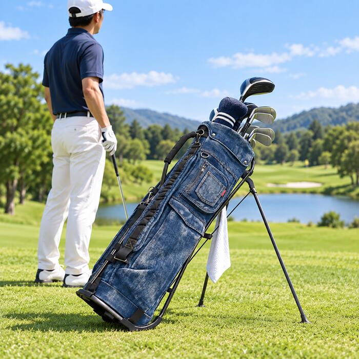 タイプ色落ち加工タイプカラーインディゴブルーサイズ口径9.5型（4分割口枠）重量（約）3.4kg材質生地：コットンデニム、フレーム：アルミ付属品ネームプレート※注意事項色落ちの風合いには個体差があります。コットンデニムにインディゴ染めを施した、9.5型のスタンド付きデニムキャディバッグ！ デニムジーンズのように、使うにつれて色落ちし、味わい深くなり、愛着が増し、あなただけの唯一無二のキャディバッグになります。 お好みのワッペンやピンバッジをつけてカスタマイズするも良し。 長年にわたって愛用できるよう、フレームはアルミ製パイプを採用しています。 一から経年変化を楽しめる「スタンダードタイプ」と人工的に色落ちさせた「色落ち加工タイプ」をラインナップ。 育てる相棒、世界にひとつの表情……デニムキャディバッグがゴルフの楽しみを増やしてくれます！★使い込むほど味が出るインディゴ染めデニム コットンインディゴ染めは色落ちします！ 使い方次第で色落ちのスピードや風合いが変わります。 そんな色落ちと経年変化がインディゴ染めデニムの醍醐味です！★色落ち加工タイプ フード、ショルダー付き。 ※色落ちの風合いには個体差があります。★パイプフレーム 軽量で強靭なパイプフレームを使用。★9.5型／4分割 口枠サイズも本格派の9.5型。★カスタマイズ自由自在 お好みのワッペンやピンバッジを付けたり、ペイントしたり、擦れなどのダメージを入れたり、あなた好みにカスタマイズ！