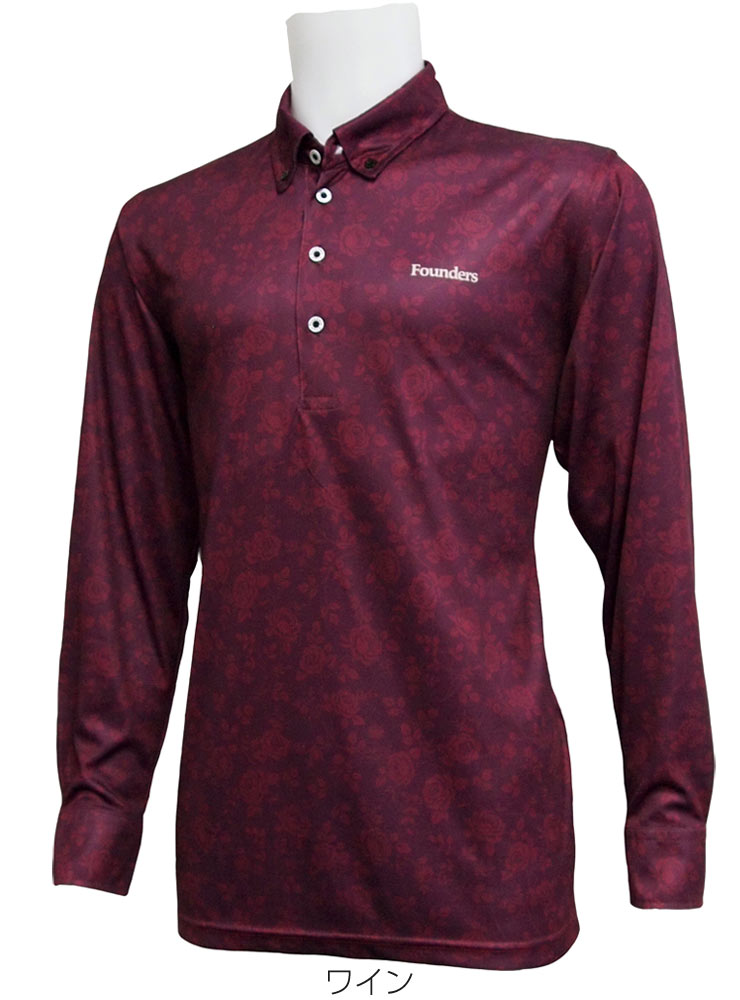 ファウンダースクラブ メンズ ゴルフウエア 総柄 ボタンダウン 長袖ポロシャツ FC-3130W M-O