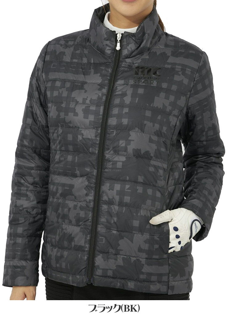 マリクレール ゴルフ レディースウェア 幾何学チェック柄 ハイブリッド フルジップ ダウンブルゾン 733-203 M-LL [即納]