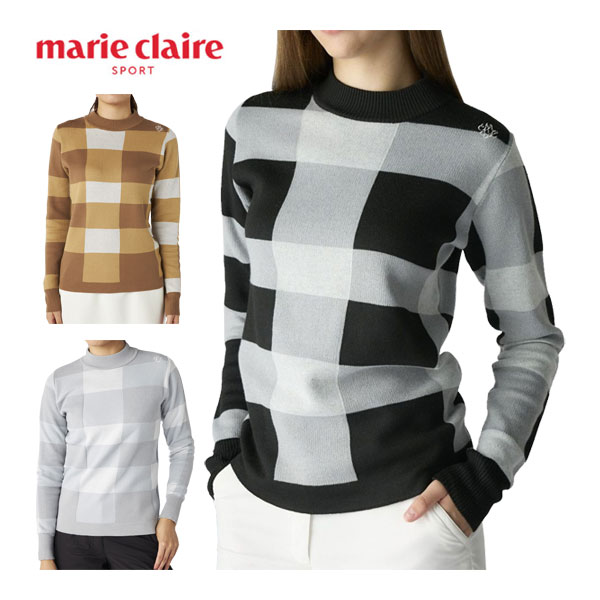 マリクレール marie claire チェック柄 モックネック ニットセーター ゴルフウェア レディース 2025年秋冬モデル M-3L 735-751 [即納]