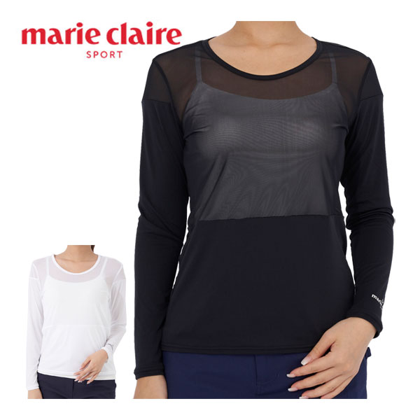 マリクレール marie claire ゴルフ メッシュ切替え クルーネック 長袖 インナーシ...