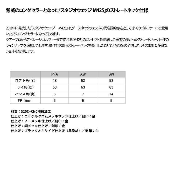 マスダゴルフ スタジオウェッジ M425/S (ストレートネック仕様) ウェッジ ヘッド単体 (ブラックオキサイド仕上げ(黒染め)) (Masdagolf Studio Wedge M425/S Black Oxide Plating)