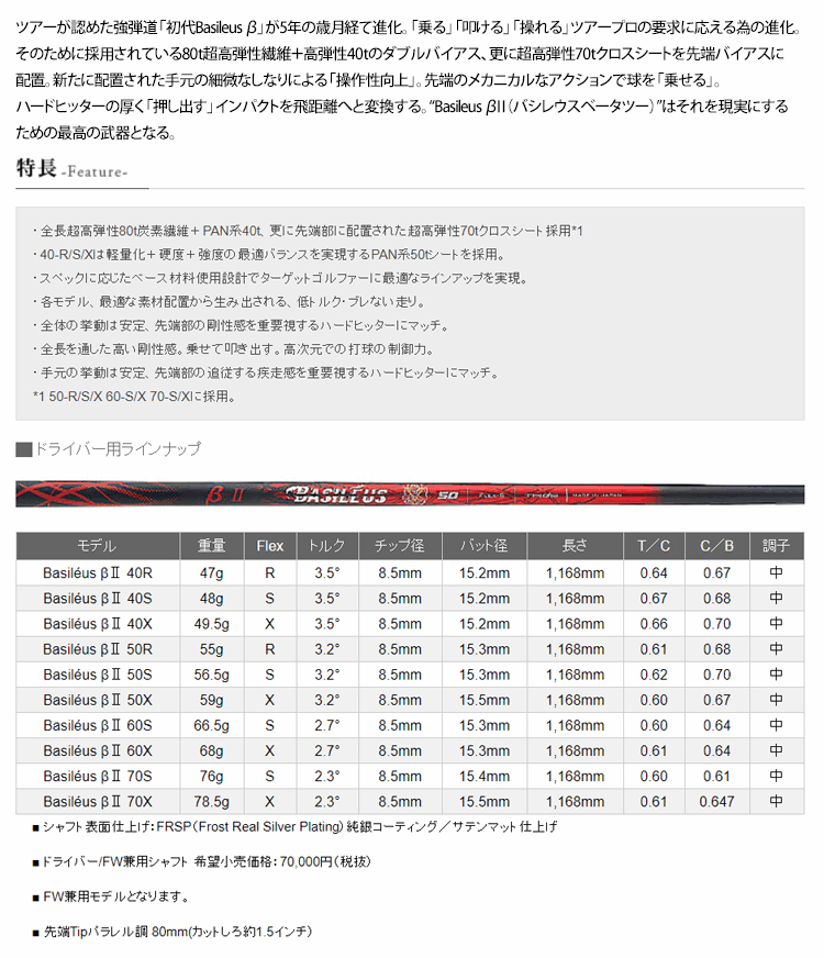【スリクソン ZXi ウッド用 互換 スリーブ付きシャフト】バシレウス β II (ベータ2...