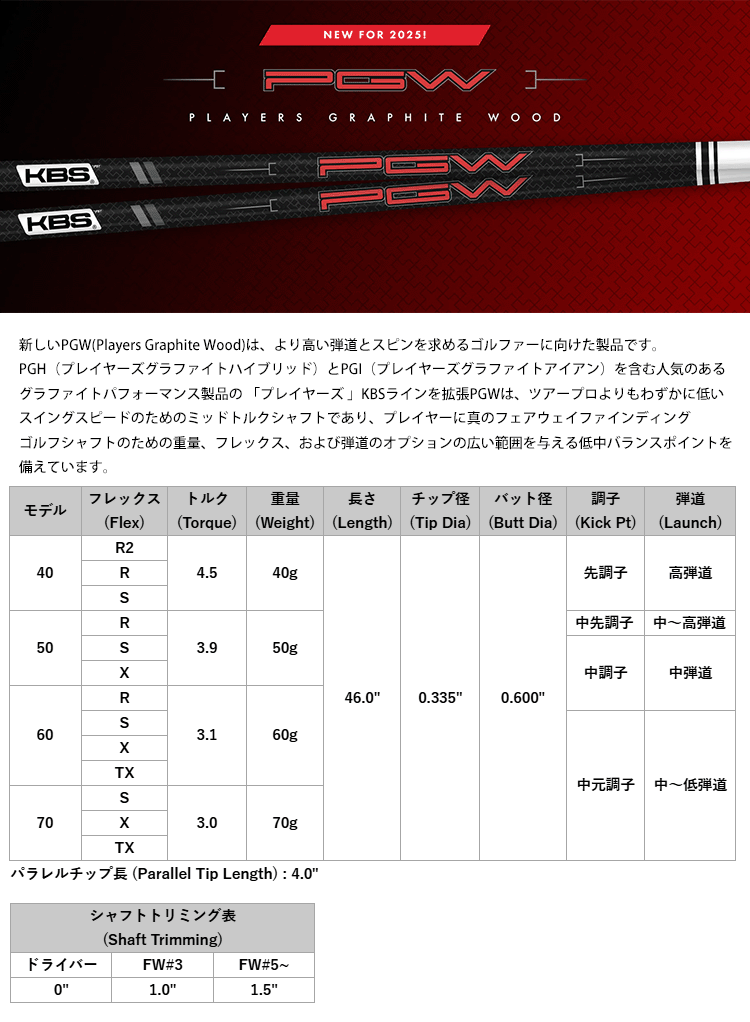 ゴルフセオリーの【全てメーカー純正部品使用】【キャロウェイ ウッド用 純正 スリーブ付きシャフト】【2025年新モデル】 KBS PGW グラファイト ウッド (US仕様) (KBS Players Graphite Wood)｜アングル2