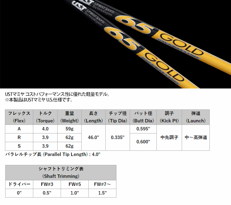 ゴルフセオリーの【全てメーカー純正部品使用】【テーラーメイド Qi4D/Qi35/Qi10 純正 スリーブ付きシャフト】 USTマミヤ 65 Gold (US仕様) (UST Mamiya 65 Gold)｜アングル2