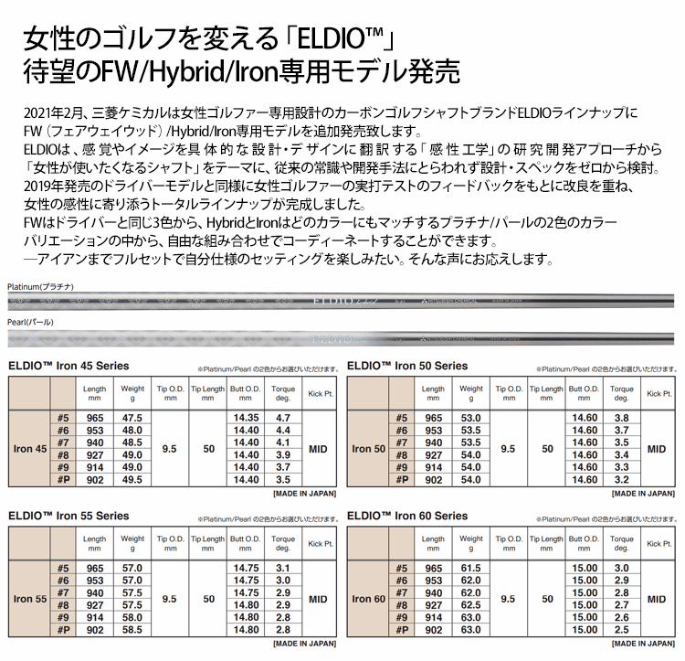 【リシャフト工賃/往復送料込】三菱ケミカル エルディオ アイアンシャフト (女性用) 【#5-W/6本組】 (Mitsubishi Chemical ELDIO Iron for Ladies) (#5-#W/6pcs set)