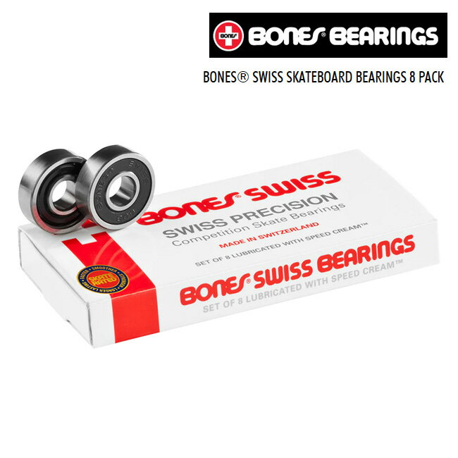 □商品詳細 ■MODEL：BONES BEARING SWISS 個入り1セット(スケートボード1台分) ベアリングスペーサー4個 取扱説明書 正規輸入品 【FEATURES】 ・片側のみゴムシールドで、少ない摩擦抵抗と、簡単にメンテナンスをおこなえます。 ・強度とスピードを向上させるHigh speed Nylonボールリテーナー ・オイルにはSpeed Creamを使用 ・スケート規格に準拠し、最高のパフォーマンスと耐久性を実現 ・アメリカで最も売れているハイエンドスケートボードベアリング Bones Swiss Bearingsは、Bones Skate Ratedデザインとスイス工場での精密な製造で最高峰の組み合わせを実現。 他のすべてのスケートボード用ベアリングの評価基準となり、36年以上にわたって世界のトッププロスケーターに愛用されています。 Bones Swissは競技用のレベルとスピードそして耐久性が証明されており、通常のABEC規格のベアリングの数倍の寿命を誇ります。 【BONES BEARING】 スケートボード専用にゼロから考えられ、独自の仕様に沿って製造されたBONES BEARING。 ハードなランディングがもたらす強い衝撃、ターンでのサイドからの負荷、ゴミ、ホコリなどに可能な限り耐えるように設計され、速く回転し長持ちする。考案者のジョージ・パウエルが、スケート用ベアリングに工業規格はあてはまらないという考えの下、ABEC表示はされていません。 -------------------------------- 【発送方法】 -メール便(追跡NO:あり)/宅配便 【メール便に関する注意事項】 メール便の場合は代引き対応は御座いません。 メール便に関しては基本的にポストに投函する為、 配達時に何らかのトラブル等が有り、 万一、購入された商品が配送事故・紛失・破損等によりお手元に届かない場合でも 弊社は責任を負いかねますので予めご了承下さい。 □在庫に関する注意 この商品は当店実店舗でも販売しております。 在庫数の更新は随時行っておりますが、お買い上げいただいた商品が、品切れになってしまうこともございます。 その場合、お客様には必ず連絡をいたしますが、万が一入荷予定がない場合は、キャンセルさせていただく場合もございますことをあらかじめご了承ください。 □注意事項 ：撮影環境、PC環境等で画像の色が若干違うことがあります。 メーカー希望小売価格はメーカーカタログに基づいて掲載しています