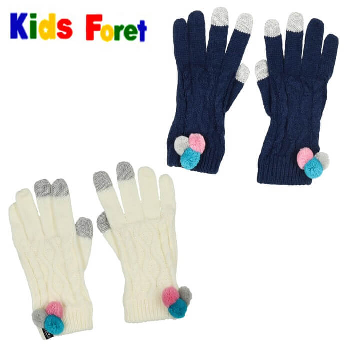 手袋 キッズフォーレ B57887 ケーブルポンポン付スマホ手袋 女の子 M Kids Foret
