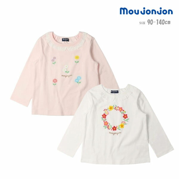 乐天商城 - tシャツ ムージョンジョン M24804 レース付花プリント長袖Tシャツ キッズ 女の子 90cm100cm 110cm 120cm 130cm 140cm moujonjon