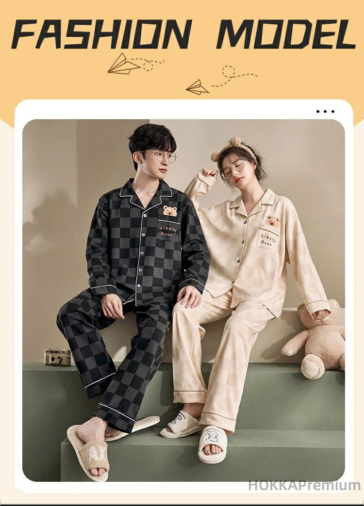 ゴーマストショウオンの【P5倍+最大2,000円OFFクーポン配布】カップル 秋冬 クマ柄 長袖 チェック柄 ルームウエア ペアルック 部屋着 襟付き パンツセット ペアお揃い 寝巻き ナイトウェア｜アングル2