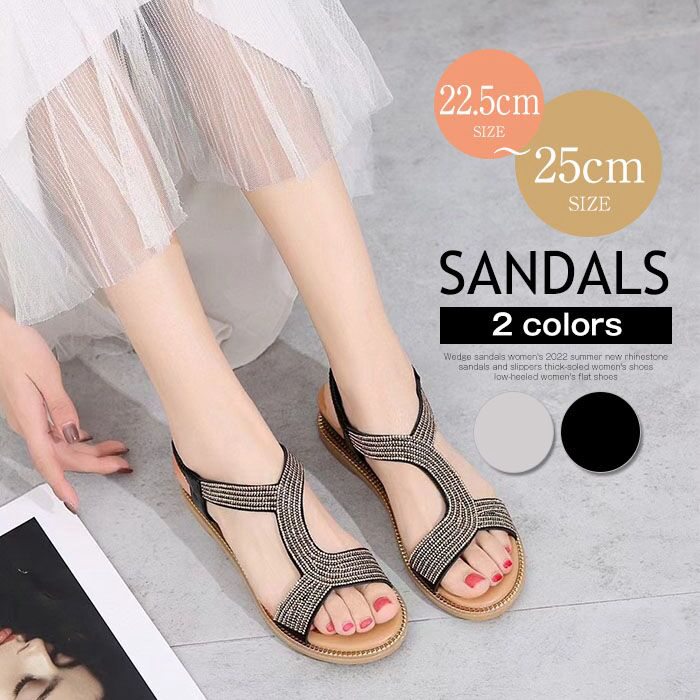 【P5倍+最大2,000円OFFクーポン配布】ビジューサンダルストラップサンダル レディース ビーチサンダル 歩きやすい フラットサンダル ローヒール 細ストラップ ビジュー 痛くない PU おしゃれ かわいい カジュアル 軽量 滑り止め 長時間疲れない 夏 海 水遊び リゾート ビーチ