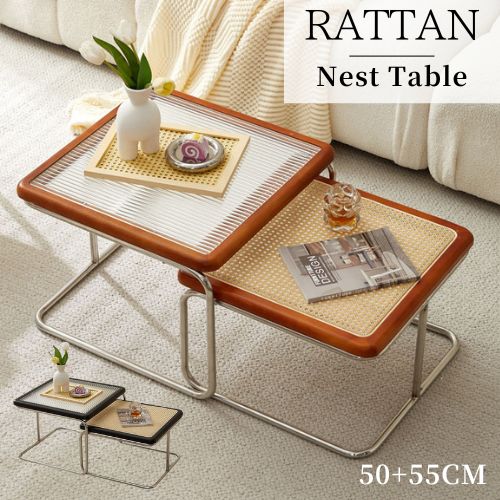 【レビュー特典】ネストテーブル センターテーブル 2個セット 入れ子式 ガラス天板 ラタン天板 可愛い ナチュラル ブラック 黒 オレンジ 幅50+55cm リ...
