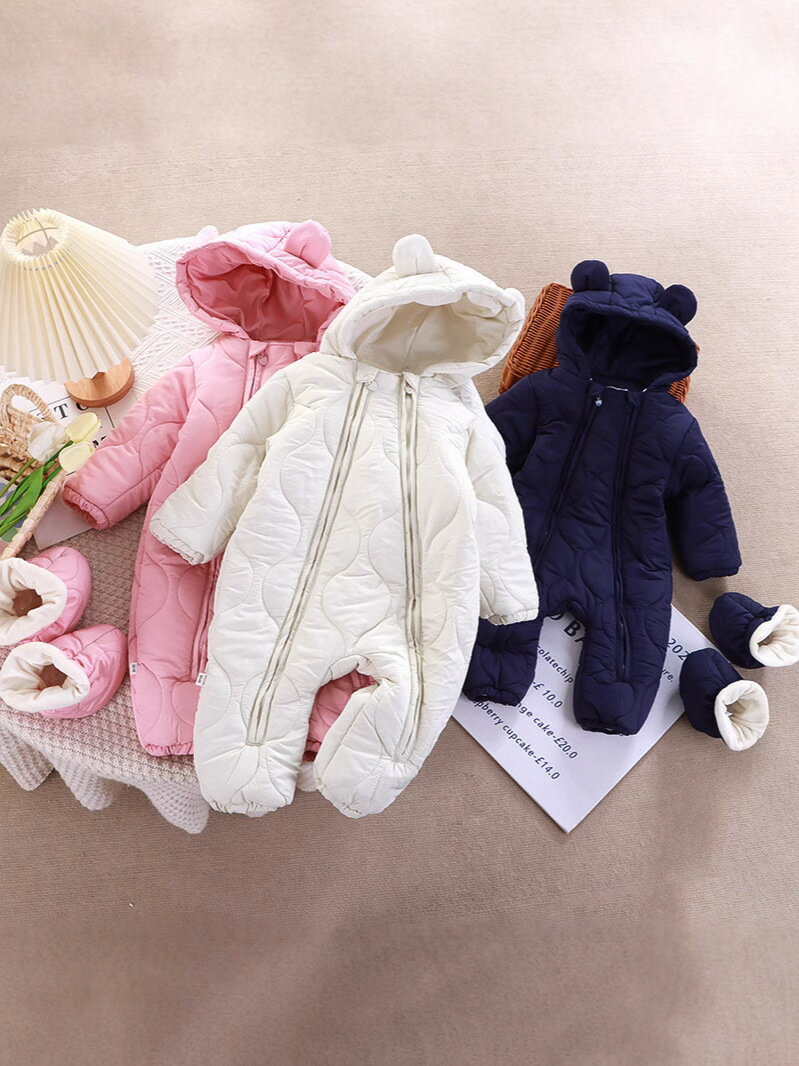 Rakuten - ベビーロンパース 赤ちゃん カバーオール ワンピース キッズ ロンパース 秋冬服 裏起毛 可愛い フード付き 熊耳 防風 厚手 幼児 女の子 男の子