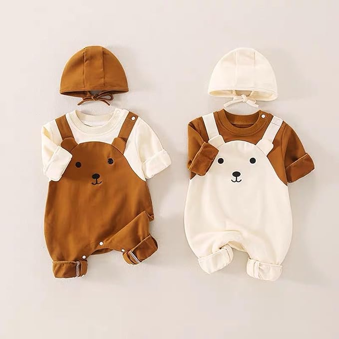 Rakuten - ベビー服 ロンパース カバーオール 帽子セット 長袖 冬服 赤ちゃん服 男の子 女の子 可愛い 防寒 保温 パジャマ ユニセックス ルームウェア 柔らかい 新生児服 普通着 綿製