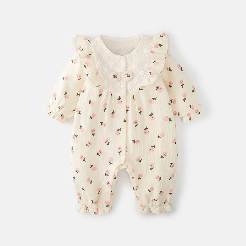 Rakuten - ベビー服 長袖 ロンパース 女の子 春 秋 新生児 カバーオール 子ども服 ガーゼ かわいい おしゃれ 贈り物 出産祝い 花柄総柄