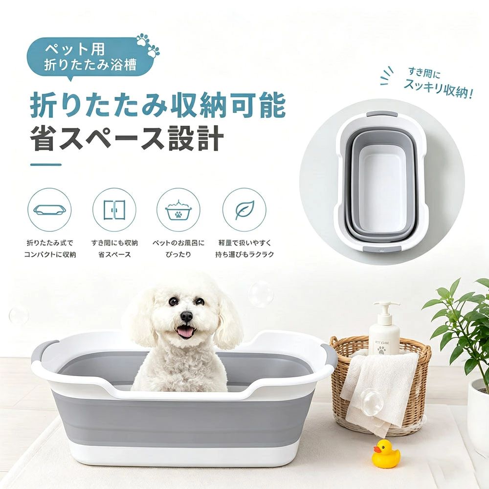 🐾折りたたみペットバスタブ🛁 愛犬・愛猫のお風呂タイムをもっと快適に? 🐶 ペットのお風呂にぴったり 深型設計で水はねを抑え、シャンプーもラクラク♪ 小型犬・猫のお手入れにおすすめです🐱 🧺 1台でいろいろ使える♪ ペットのお風呂だけでなく、洗濯桶・つけ置き洗い・おもちゃ洗いなど多用途に活躍? 📦 使わない時はスッキリ収納 折りたたみ式で省スペース♪ 収納場所に困りません😊 💧 水抜きも簡単 排水口付きで使用後のお片付けもラクラク? 🐾毎日のペットケアを、もっと楽しく便利に♪