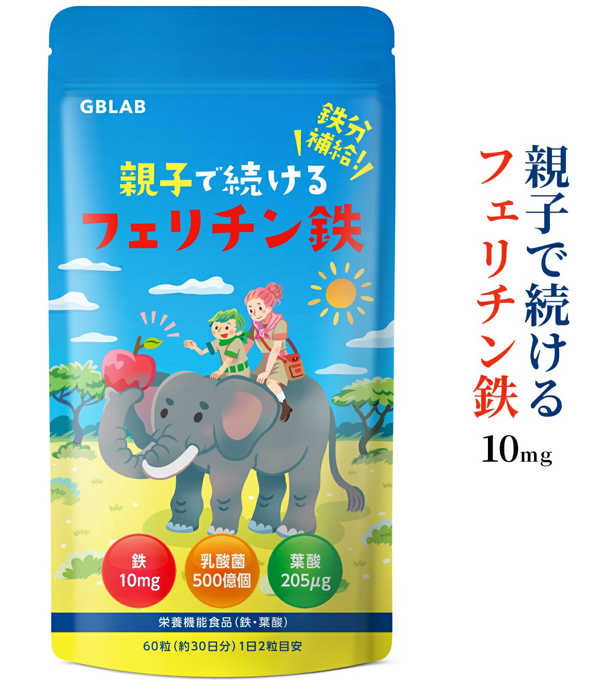 フェリチン鉄 10mg 乳酸菌 500億個 葉酸 205μg ビタミン 亜鉛 貯蔵鉄 栄養機能食品 親子で続ける フェ..