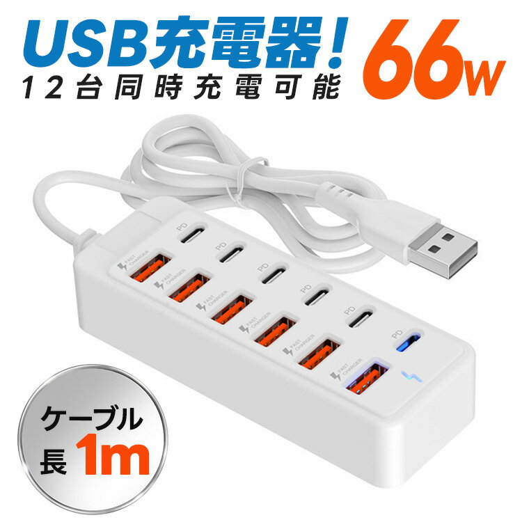 12ポートUSB充電器 多ポート充電器 USBハブ 多ポート充電器 Type-c充電器 急速充電 高速充電器 スマホ タブレット iPhone Android PC 同時充電 家庭用 オフィス用 複数デバイス対応 コンパクト充電器 送料無料