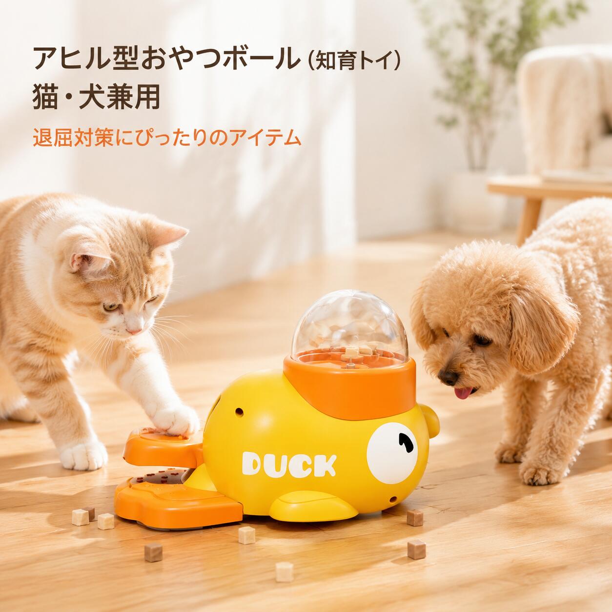 アヒル型フットペダル式おやつディスペンサーは、猫・犬兼用の知育トイです。 ペットがフットペダルを踏むことで内部の回転プレートが作動し、おやつやフードが少しずつ排出されます。 遊びながらごほうびを獲得できるため、知育トレーニングやコミュニケーションに役立ちます。 迷路構造を採用し、おやつが一度に出にくいため、遊ぶ時間を長く楽しめます。 運動不足や退屈、留守番時のストレス対策にもおすすめです。 キャットフード、ドッグフード、フリーズドライタイプの粒状おやつに対応しています。 製品サイズ 全長 約22cm 高さ 約14cm 材質 本体 ABS樹脂 透明カバー PC樹脂 各部名称 本体 透明フードケース（上部カバー） 迷路構造回転プレート（内部） フットペダル 滑り止め付き底面 組み立て方法・フードの入れ方 透明カバーを反時計回りに回し、上へ持ち上げて取り外してください。 フリーズドライのおやつ、キャットフード、ドッグフードなどの粒状フードをケース内へ入れてください。 カバーを溝に合わせて取り付け、時計回りに回してしっかり固定してください。 ペットがフットペダルを踏むことで内部の回転プレートが作動し、おやつが排出されます。 ご使用上のお願い 粒状のおやつ・フードのみご使用ください。 細長いおやつや粉状のおやつは詰まりの原因となります。 水分を含むフードは入れないでください。カビや故障の原因となります。 使用方法 初めて使用する際は、飼い主様がフットペダルを押して動作を見せてください。 ペットが自らペダルに触れたり踏んだりした際は、十分に褒めてあげてください。 繰り返し練習することで、ペットが自発的に使用できるようになります。 1回あたり10～20分程度のご使用をおすすめします。 製品特長 猫・犬兼用でご使用いただけます。 迷路構造により、おやつが一度に出にくく、遊ぶ時間を長く楽しめます。 透明フードケースを採用し、おやつが見えることで興味を引き出します。 電池不要の機械式構造で、静かにご使用いただけます。 分解可能な設計で、お手入れも簡単です。 滑り止め付き底面により、使用中も動きにくい設計です。 お手入れ方法 定期的に上部カバーを取り外し、内部の食べ残しを取り除いてください。 水またはぬるま湯と柔らかいブラシで洗浄してください。 洗浄後は十分に乾燥させてからご使用ください。 熱湯や漂白剤、アルコール系洗剤での洗浄や長時間の浸け置きは避けてください。 安全上のご注意 本製品はペット用知育玩具です。本来の用途以外には使用しないでください。 初めて使用する際は、必ず飼い主様の目の届く場所でご使用ください。 製品にひび割れや破損が見られた場合は、直ちに使用を中止してください。 平らで安定した床面でご使用ください。厚いカーペットの上では正常に動作しない場合があります。 大型犬や強い噛む力を持つペットには適しておりません。 油分が多いおやつや粘着性の高いおやつは使用しないでください。回転部の詰まりや故障の原因となります。 トラブルシューティング おやつが出ない場合 粒が大きすぎる、または内部で詰まっている可能性があります。 内部を清掃し、適切なサイズの粒状フードをご使用ください。 フットペダルが戻らない場合 底面や可動部に異物が挟まっていないか確認し、異物を取り除いてください。 以上の内容は、日本のECサイト（楽天市場・Yahoo!ショッピング・Amazon Japan）の商品同梱説明書で一般的に用いられる、簡潔で丁寧なビジネス日本語の表現に合わせています。アヒル型フットペダル式おやつディスペンサーは、猫・犬兼用の知育トイです。 ペットがフットペダルを踏むことで内部の回転プレートが作動し、おやつやフードが少しずつ排出されます。 遊びながらごほうびを獲得できるため、知育トレーニングやコミュニケーションに役立ちます。 迷路構造を採用し、おやつが一度に出にくいため、遊ぶ時間を長く楽しめます。 運動不足や退屈、留守番時のストレス対策にもおすすめです。 キャットフード、ドッグフード、フリーズドライタイプの粒状おやつに対応しています。 製品サイズ 全長 約22cm 高さ 約14cm 材質 本体 ABS樹脂 透明カバー PC樹脂 各部名称 本体 透明フードケース（上部カバー） 迷路構造回転プレート（内部） フットペダル 滑り止め付き底面 組み立て方法・フードの入れ方 透明カバーを反時計回りに回し、上へ持ち上げて取り外してください。 フリーズドライのおやつ、キャットフード、ドッグフードなどの粒状フードをケース内へ入れてください。 カバーを溝に合わせて取り付け、時計回りに回してしっかり固定してください。 ペットがフットペダルを踏むことで内部の回転プレートが作動し、おやつが排出されます。 ご使用上のお願い 粒状のおやつ・フードのみご使用ください。 細長いおやつや粉状のおやつは詰まりの原因となります。 水分を含むフードは入れないでください。カビや故障の原因となります。 使用方法 初めて使用する際は、飼い主様がフットペダルを押して動作を見せてください。 ペットが自らペダルに触れたり踏んだりした際は、十分に褒めてあげてください。 繰り返し練習することで、ペットが自発的に使用できるようになります。 1回あたり10～20分程度のご使用をおすすめします。 製品特長 猫・犬兼用でご使用いただけます。 迷路構造により、おやつが一度に出にくく、遊ぶ時間を長く楽しめます。 透明フードケースを採用し、おやつが見えることで興味を引き出します。 電池不要の機械式構造で、静かにご使用いただけます。 分解可能な設計で、お手入れも簡単です。 滑り止め付き底面により、使用中も動きにくい設計です。 お手入れ方法 定期的に上部カバーを取り外し、内部の食べ残しを取り除いてください。 水またはぬるま湯と柔らかいブラシで洗浄してください。 洗浄後は十分に乾燥させてからご使用ください。 熱湯や漂白剤、アルコール系洗剤での洗浄や長時間の浸け置きは避けてください。 安全上のご注意 本製品はペット用知育玩具です。本来の用途以外には使用しないでください。 初めて使用する際は、必ず飼い主様の目の届く場所でご使用ください。 製品にひび割れや破損が見られた場合は、直ちに使用を中止してください。 平らで安定した床面でご使用ください。厚いカーペットの上では正常に動作しない場合があります。 大型犬や強い噛む力を持つペットには適しておりません。 油分が多いおやつや粘着性の高いおやつは使用しないでください。回転部の詰まりや故障の原因となります。 トラブルシューティング おやつが出ない場合 粒が大きすぎる、または内部で詰まっている可能性があります。 内部を清掃し、適切なサイズの粒状フードをご使用ください。 フットペダルが戻らない場合 底面や可動部に異物が挟まっていないか確認し、異物を取り除いてください。 以上の内容は、日本のECサイト（楽天市場・Yahoo!ショッピング・Amazon Japan）の商品同梱説明書で一般的に用いられる、簡潔で丁寧なビジネス日本語の表現に合わせています。